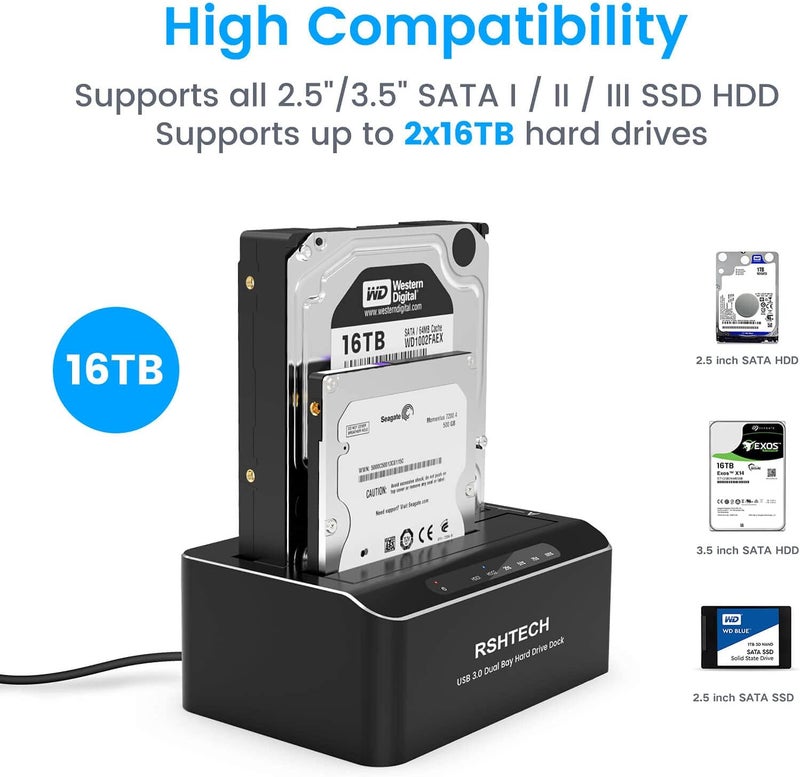 Rshtech Hard Drive Dock, Aluminum USB 3.0 to SATA Dual Bay External Hard Drive Docking Station for 2.5 & 3.5 inch SATA HDD SSD with Offline Clone/Duplicator Function, Support UASP & 2x16TB (RSH-DS01) - Image 2